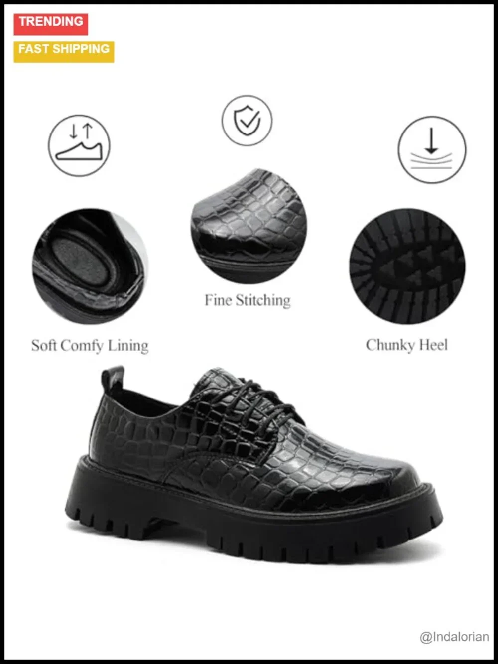 Croc Embossed Patent Faux Leather Chunky Platform Lug Sole Lace Up Oxfords
